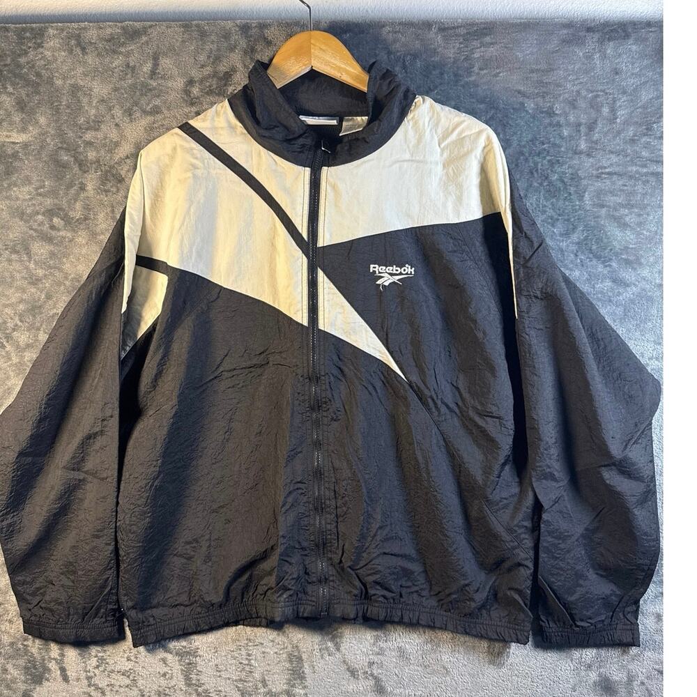 VTG 90s Reebok Vector colorblock windbreaker Black/White Large w/ Hood!